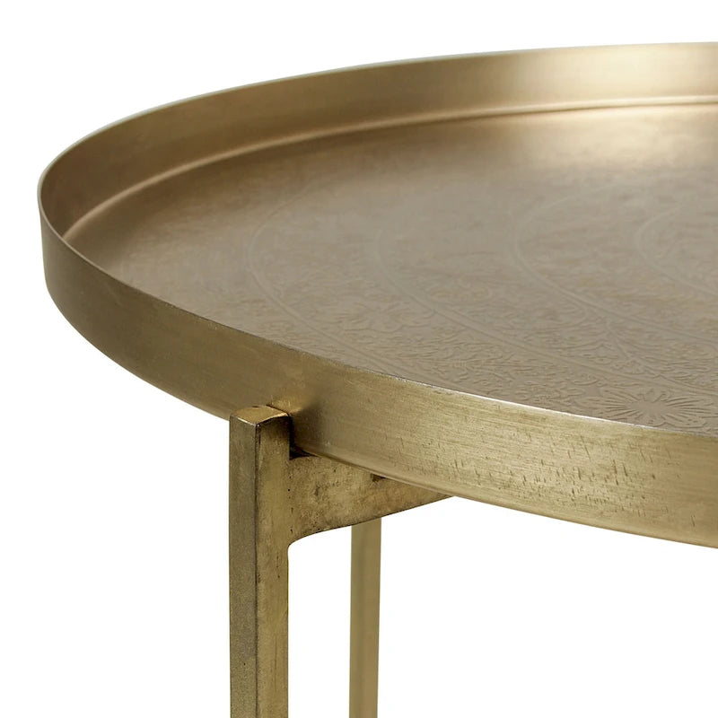 Eros Antique Brass-Finish Etched Floral Tray-Top Accent Table by East at Main