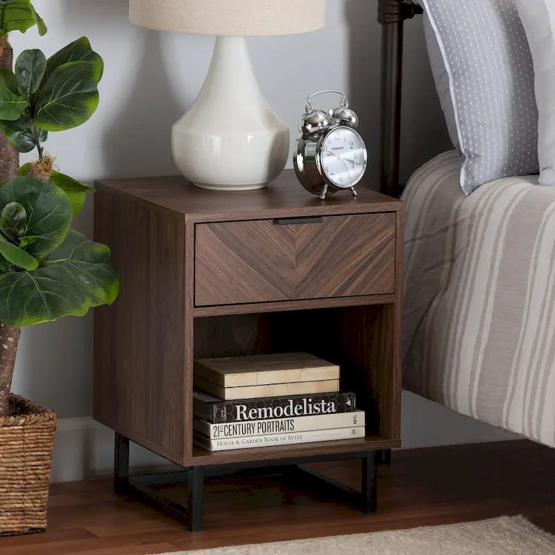 Sadia Modern Walnut Brown Finished Wood and Black Metal 1-Drawer End Table