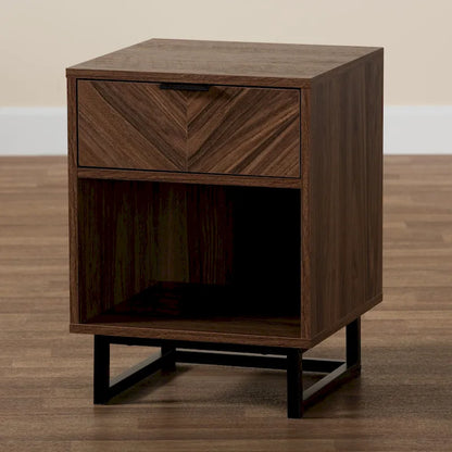 Sadia Modern Walnut Brown Finished Wood and Black Metal 1-Drawer End Table