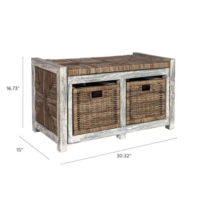 happimess Rustic 30 2 Drawer Wicker Storage Bench, Gray