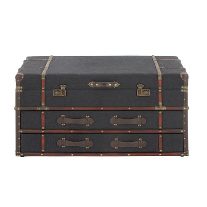 Faux Leather or Linen Fabric Trunk 2 Drawer Coffee Table with Buckle Hinged Top - Dark Blue or Brown - Roche River Decor