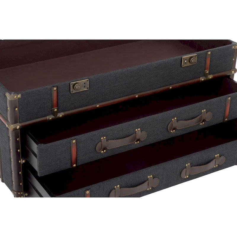 Faux Leather or Linen Fabric Trunk 2 Drawer Coffee Table with Buckle Hinged Top - Dark Blue or Brown - Roche River Decor