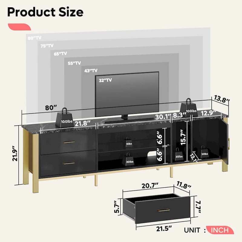 Modern TV Stands for 75/ 80/ 85 inch TV with 2 Drawers - 80 inches