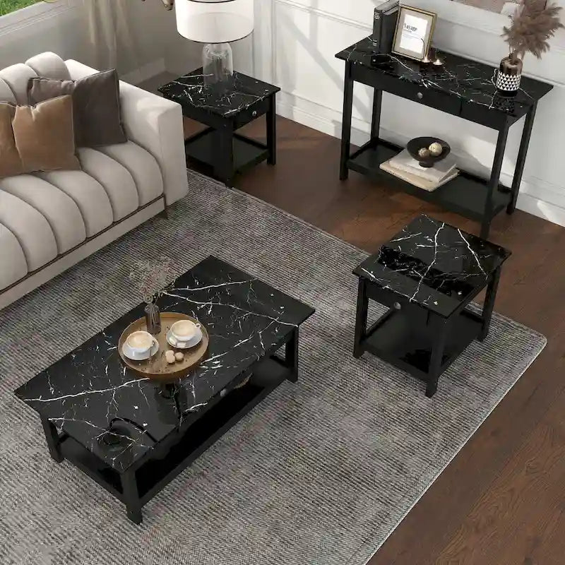 DH BASIC Transitional Rubberwood 4-Piece Open-Shelf Coffee Table Set with Drawer by Denhour