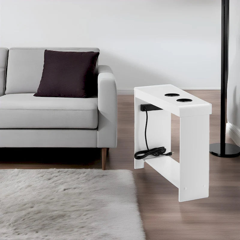 Narrow End Table with Charging Station - Side Table Nightstand with Storage, 2 Power Outlets & 2 USB Ports