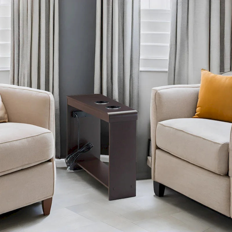 Narrow End Table with Charging Station - Side Table Nightstand with Storage, 2 Power Outlets & 2 USB Ports