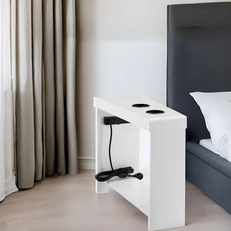 Narrow End Table with Charging Station - Side Table Nightstand with Storage, 2 Power Outlets & 2 USB Ports