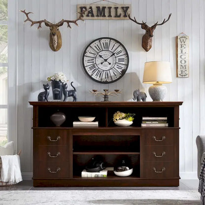 60W Retro TV Stand Entertainment Center, 2 Cabinets&Open Shelves - 60W*15.75D*34.25H