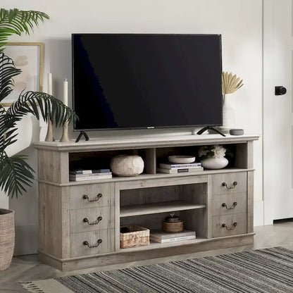 60W Retro TV Stand Entertainment Center, 2 Cabinets&Open Shelves - 60W*15.75D*34.25H