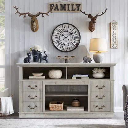 60W Retro TV Stand Entertainment Center, 2 Cabinets&Open Shelves - 60W*15.75D*34.25H