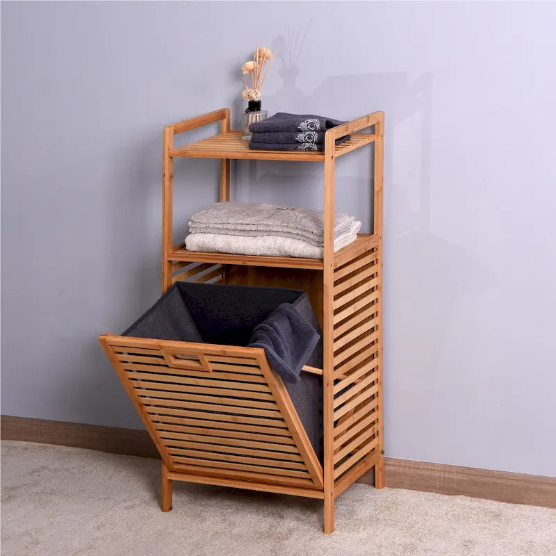 Brown Bamboo Bathroom Laundry Storage Floor Cabinet with 2-tier Shelf - 17.32 x 13 x 37.8 inch