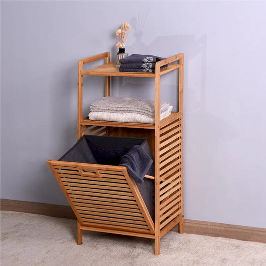 Brown Bamboo Bathroom Laundry Storage Floor Cabinet with 2-tier Shelf - 17.32 x 13 x 37.8 inch