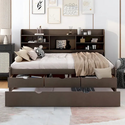 Full Size Wooden Captain Bed with Built-in Bookshelves,Three Storage Drawers and Trundle,Antique Grey