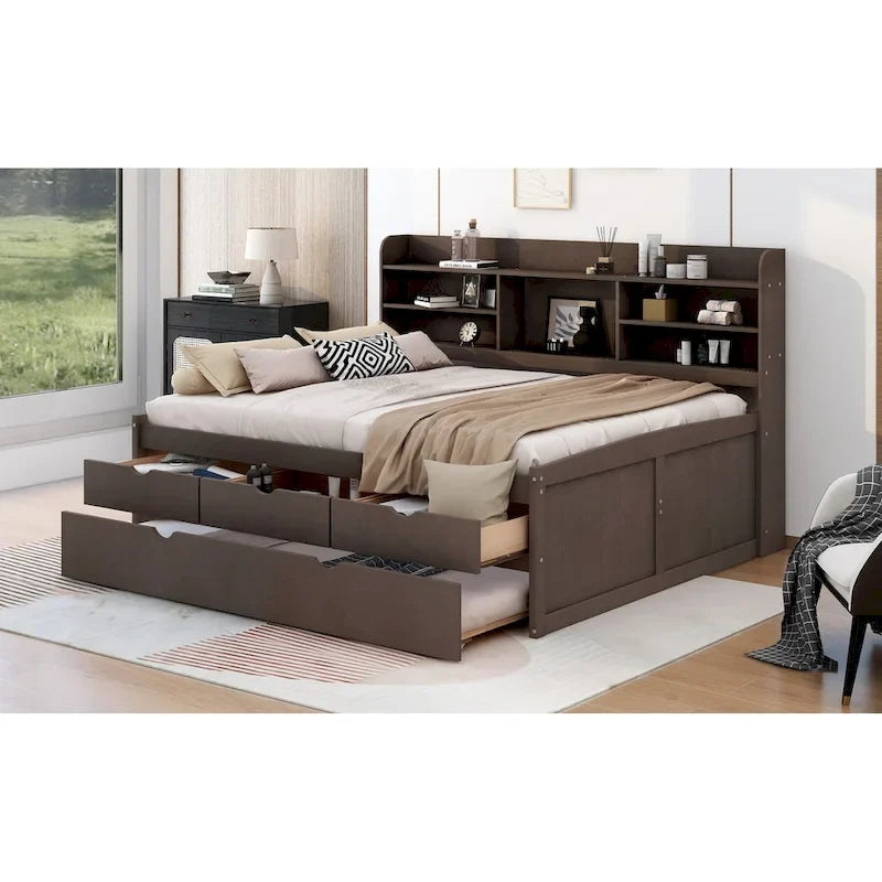 Full Size Wooden Captain Bed with Built-in Bookshelves,Three Storage Drawers and Trundle,Antique Grey