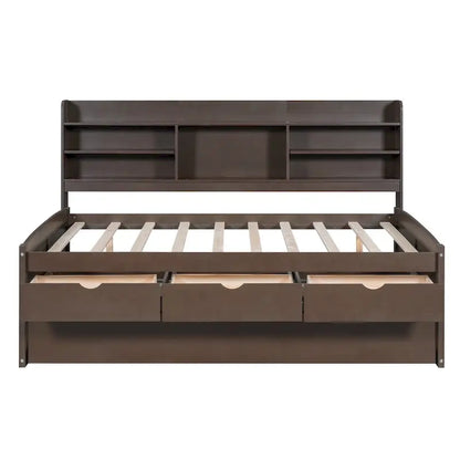 Full Size Wooden Captain Bed with Built-in Bookshelves,Three Storage Drawers and Trundle,Antique Grey
