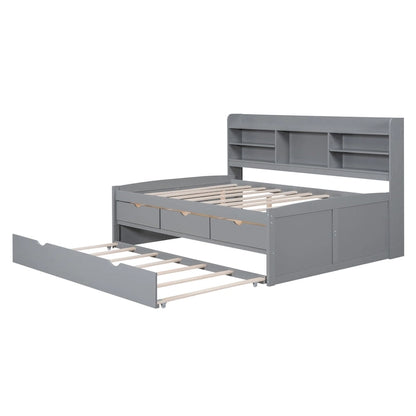 Full Size Wooden Captain Bed with Built-in Bookshelves,Three Storage Drawers and Trundle,Antique Grey