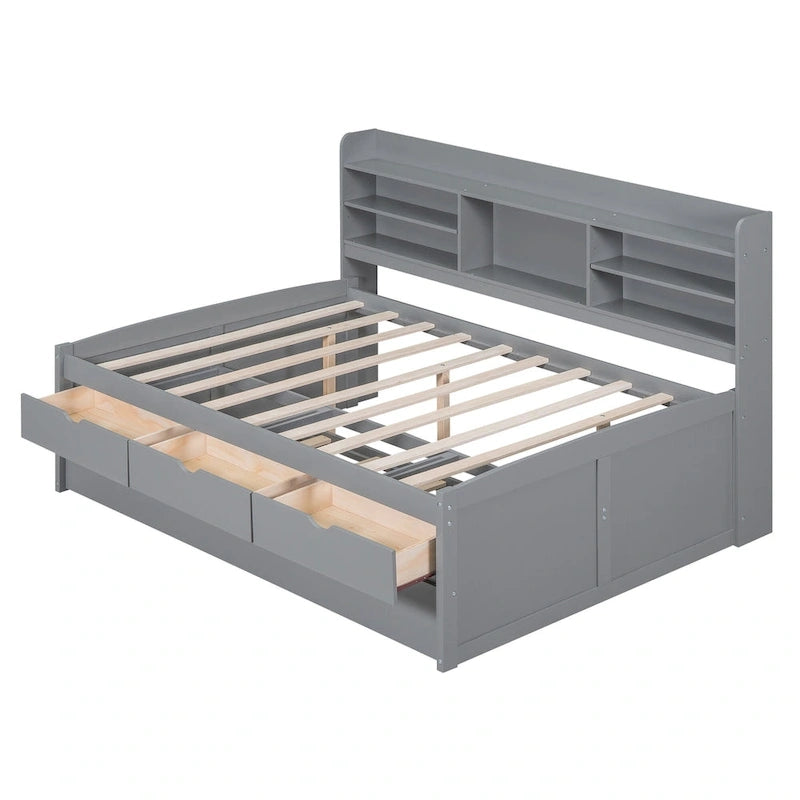 Full Size Wooden Captain Bed with Built-in Bookshelves,Three Storage Drawers and Trundle,Antique Grey