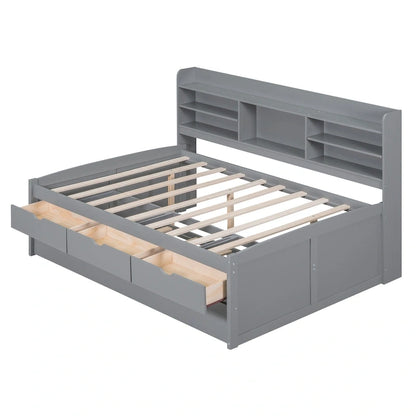 Full Size Wooden Captain Bed with Built-in Bookshelves,Three Storage Drawers and Trundle,Antique Grey