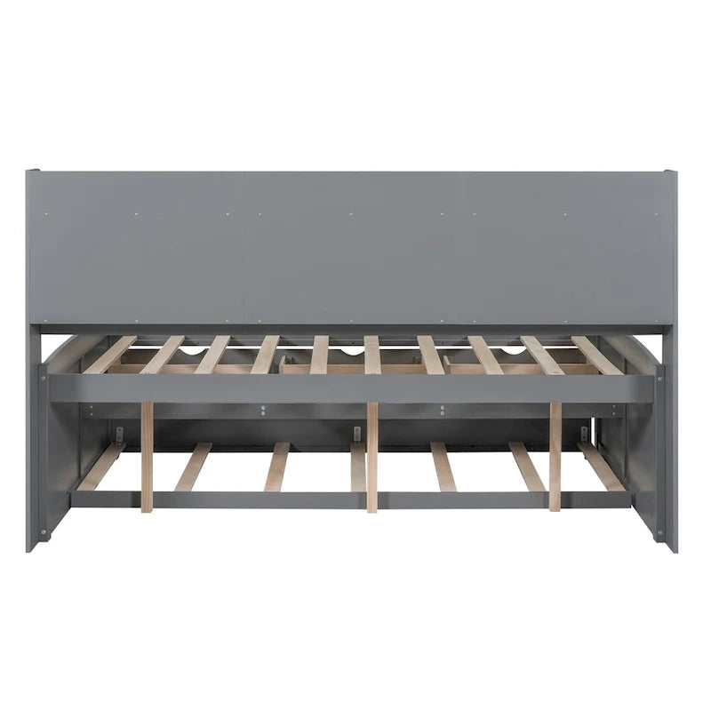 Full Size Wooden Captain Bed with Built-in Bookshelves,Three Storage Drawers and Trundle,Antique Grey