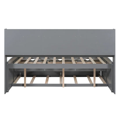 Full Size Wooden Captain Bed with Built-in Bookshelves,Three Storage Drawers and Trundle,Antique Grey