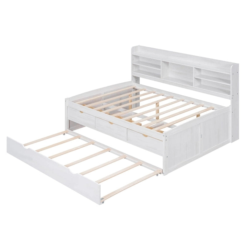 Full Size Wooden Captain Bed with Built-in Bookshelves,Three Storage Drawers and Trundle,Antique Grey