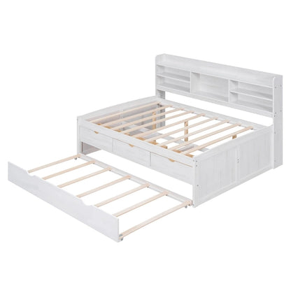 Full Size Wooden Captain Bed with Built-in Bookshelves,Three Storage Drawers and Trundle,Antique Grey