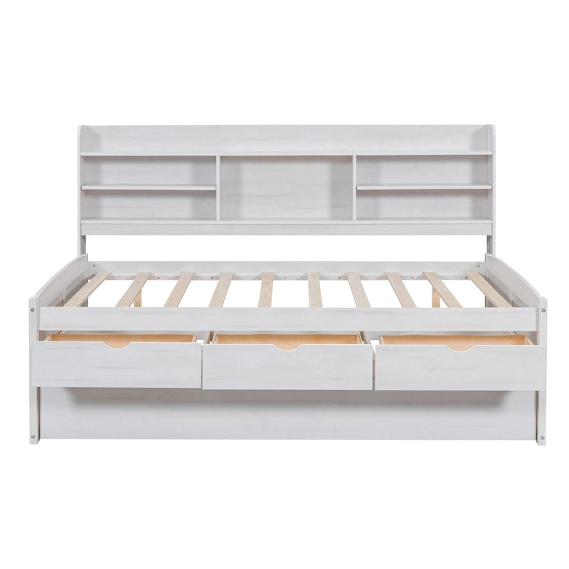 Full Size Wooden Captain Bed with Built-in Bookshelves,Three Storage Drawers and Trundle,Antique Grey