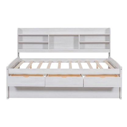 Full Size Wooden Captain Bed with Built-in Bookshelves,Three Storage Drawers and Trundle,Antique Grey