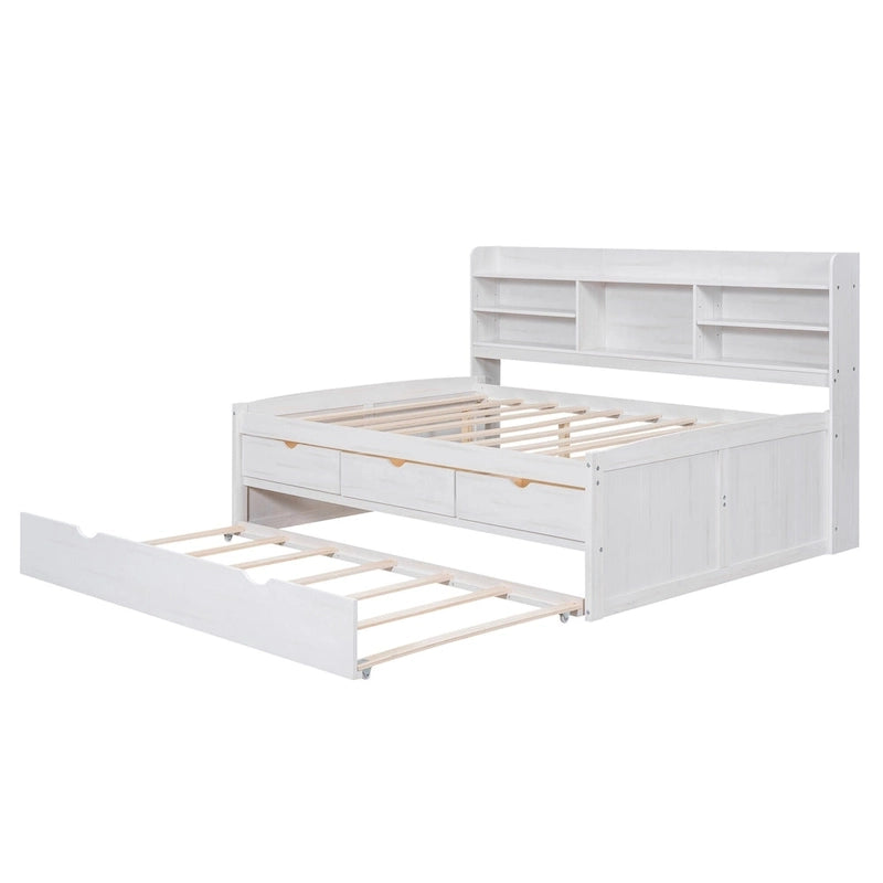 Full Size Wooden Captain Bed with Built-in Bookshelves,Three Storage Drawers and Trundle,Antique Grey