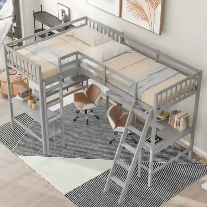 Wood Twin Size L-Shaped Loft Bed with Ladder and 2 Built-in L-Shaped Desks, Gray