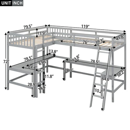 Wood Twin Size L-Shaped Loft Bed with Ladder and 2 Built-in L-Shaped Desks, Gray