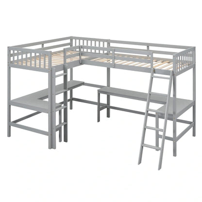 Wood Twin Size L-Shaped Loft Bed with Ladder and 2 Built-in L-Shaped Desks, Gray