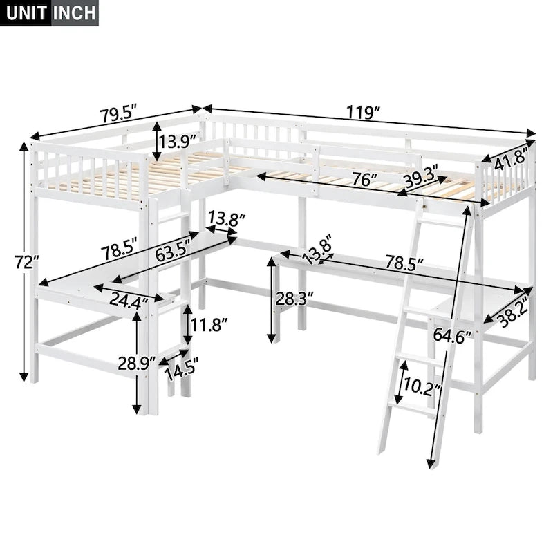 Wood Twin Size L-Shaped Loft Bed with Ladder and 2 Built-in L-Shaped Desks, Gray