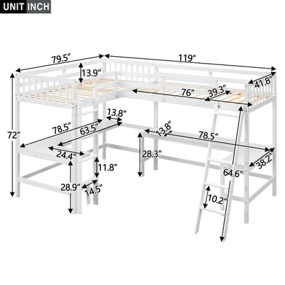 Wood Twin Size L-Shaped Loft Bed with Ladder and 2 Built-in L-Shaped Desks, Gray