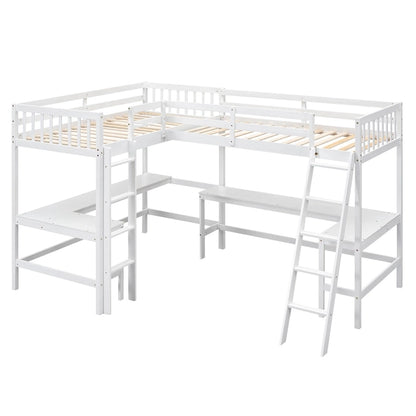 Wood Twin Size L-Shaped Loft Bed with Ladder and 2 Built-in L-Shaped Desks, Gray
