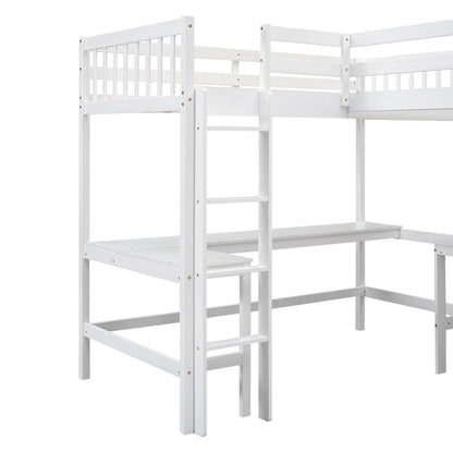 Wood Twin Size L-Shaped Loft Bed with Ladder and 2 Built-in L-Shaped Desks, Gray