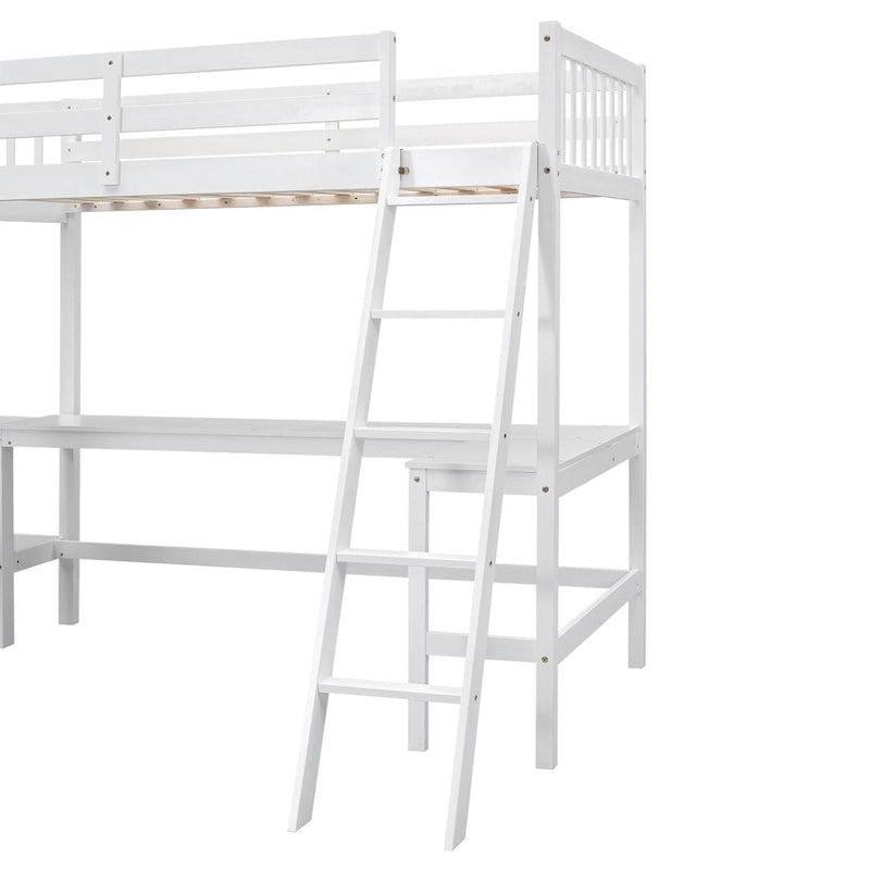 Wood Twin Size L-Shaped Loft Bed with Ladder and 2 Built-in L-Shaped Desks, Gray