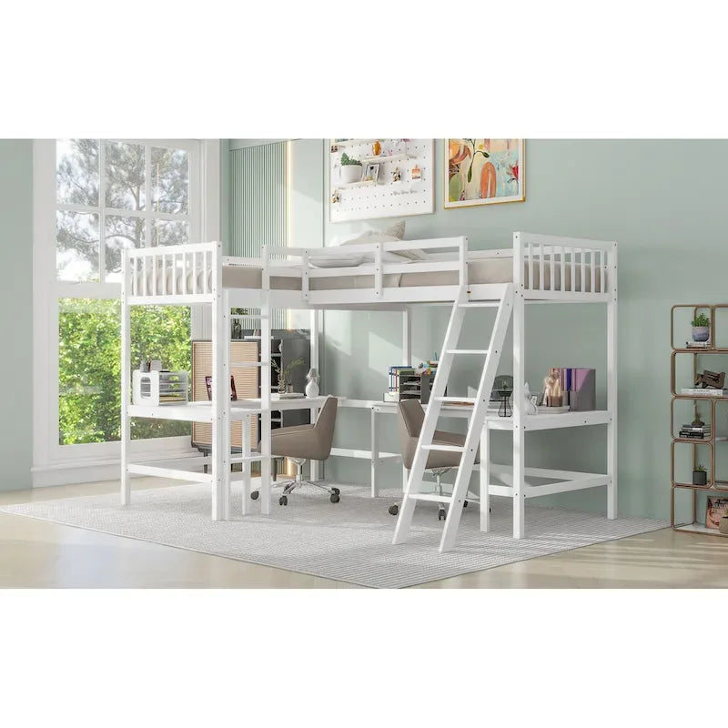 Wood Twin Size L-Shaped Loft Bed with Ladder and 2 Built-in L-Shaped Desks, Gray