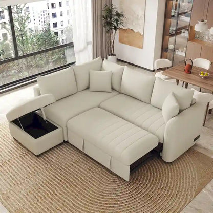 82.6 L-shaped Sectional Pull Out Sofa Bed Sleeper Sofa with Two USB Ports, Two Power Sockets and a Movable Storage Ottoman, Bei