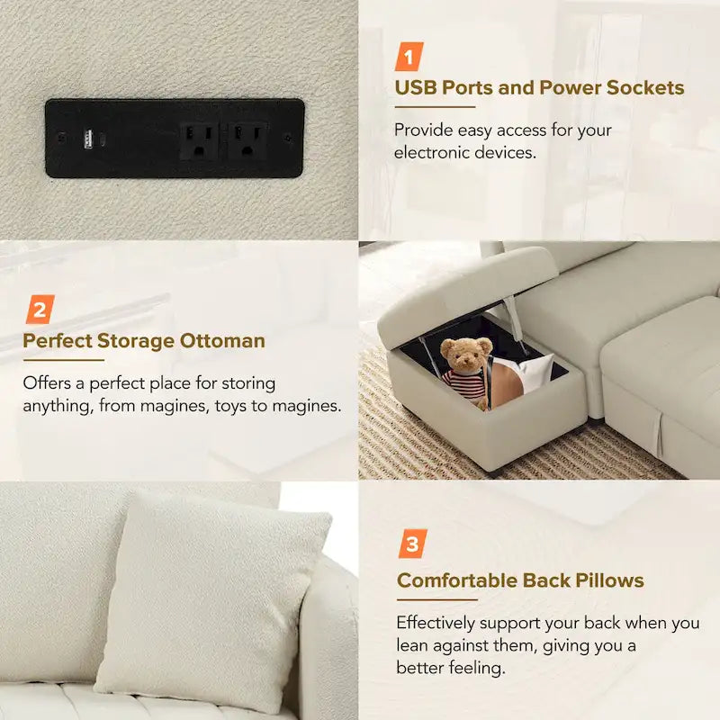 82.6 L-shaped Sectional Pull Out Sofa Bed Sleeper Sofa with Two USB Ports, Two Power Sockets and a Movable Storage Ottoman, Bei
