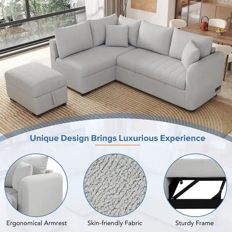 82.6 L-shaped Sectional Pull Out Sofa Bed Sleeper Sofa with Two USB Ports, Two Power Sockets and a Movable Storage Ottoman, Bei