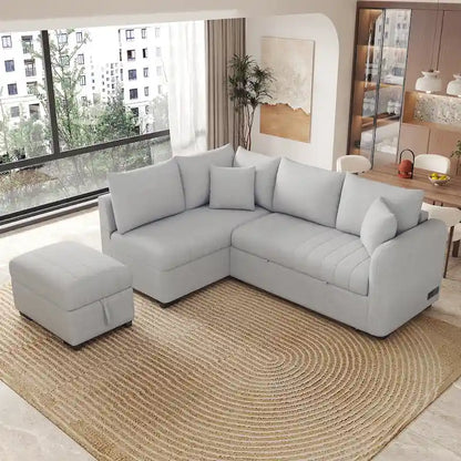 82.6 L-shaped Sectional Pull Out Sofa Bed Sleeper Sofa with Two USB Ports, Two Power Sockets and a Movable Storage Ottoman, Bei