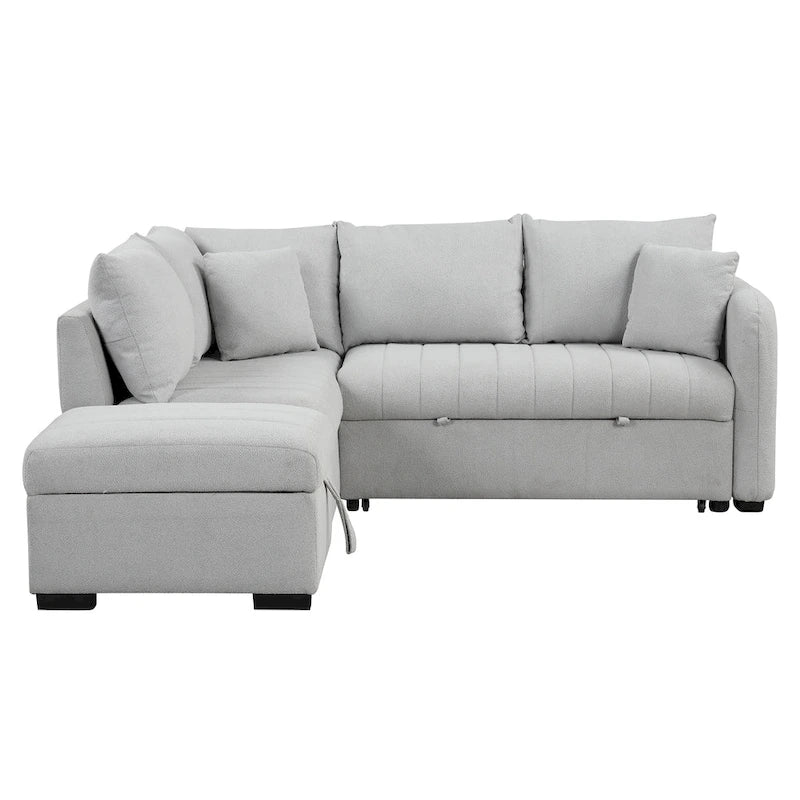 82.6 L-shaped Sectional Pull Out Sofa Bed Sleeper Sofa with Two USB Ports, Two Power Sockets and a Movable Storage Ottoman, Bei