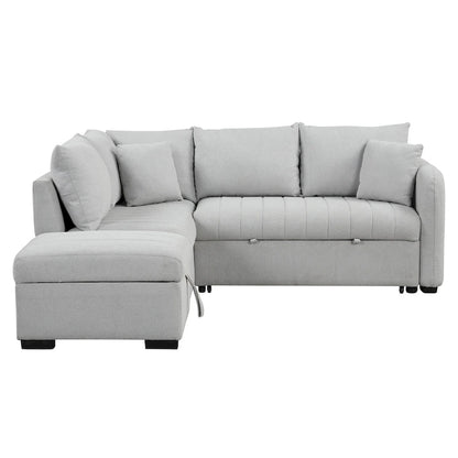 82.6 L-shaped Sectional Pull Out Sofa Bed Sleeper Sofa with Two USB Ports, Two Power Sockets and a Movable Storage Ottoman, Bei