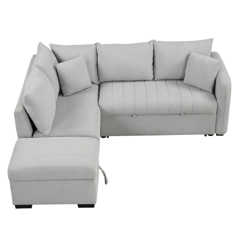 82.6 L-shaped Sectional Pull Out Sofa Bed Sleeper Sofa with Two USB Ports, Two Power Sockets and a Movable Storage Ottoman, Bei