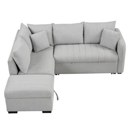 82.6 L-shaped Sectional Pull Out Sofa Bed Sleeper Sofa with Two USB Ports, Two Power Sockets and a Movable Storage Ottoman, Bei
