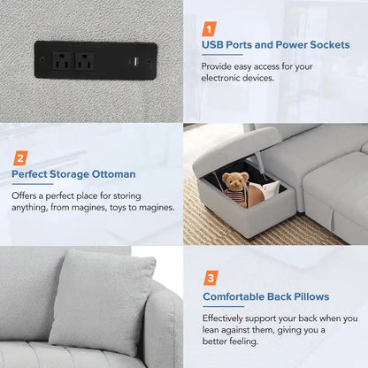 82.6 L-shaped Sectional Pull Out Sofa Bed Sleeper Sofa with Two USB Ports, Two Power Sockets and a Movable Storage Ottoman, Bei