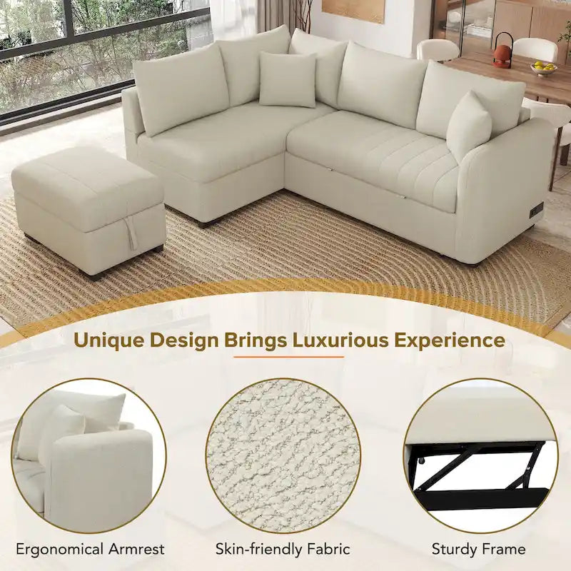 82.6 L-shaped Sectional Pull Out Sofa Bed Sleeper Sofa with Two USB Ports, Two Power Sockets and a Movable Storage Ottoman, Bei