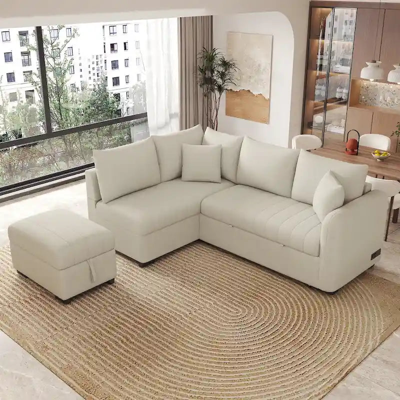 82.6 L-shaped Sectional Pull Out Sofa Bed Sleeper Sofa with Two USB Ports, Two Power Sockets and a Movable Storage Ottoman, Bei