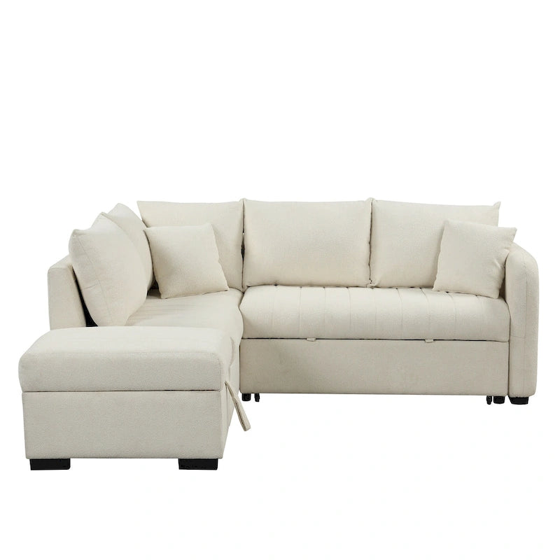 82.6 L-shaped Sectional Pull Out Sofa Bed Sleeper Sofa with Two USB Ports, Two Power Sockets and a Movable Storage Ottoman, Bei